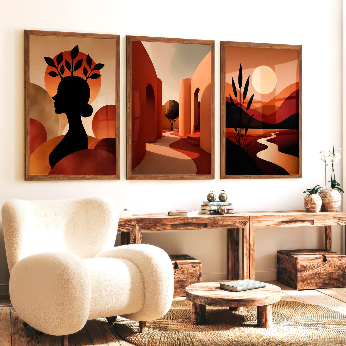 Boho Abstract Wall Art Set of 3 – Warm Earthy Triptych Prints – Artworksets