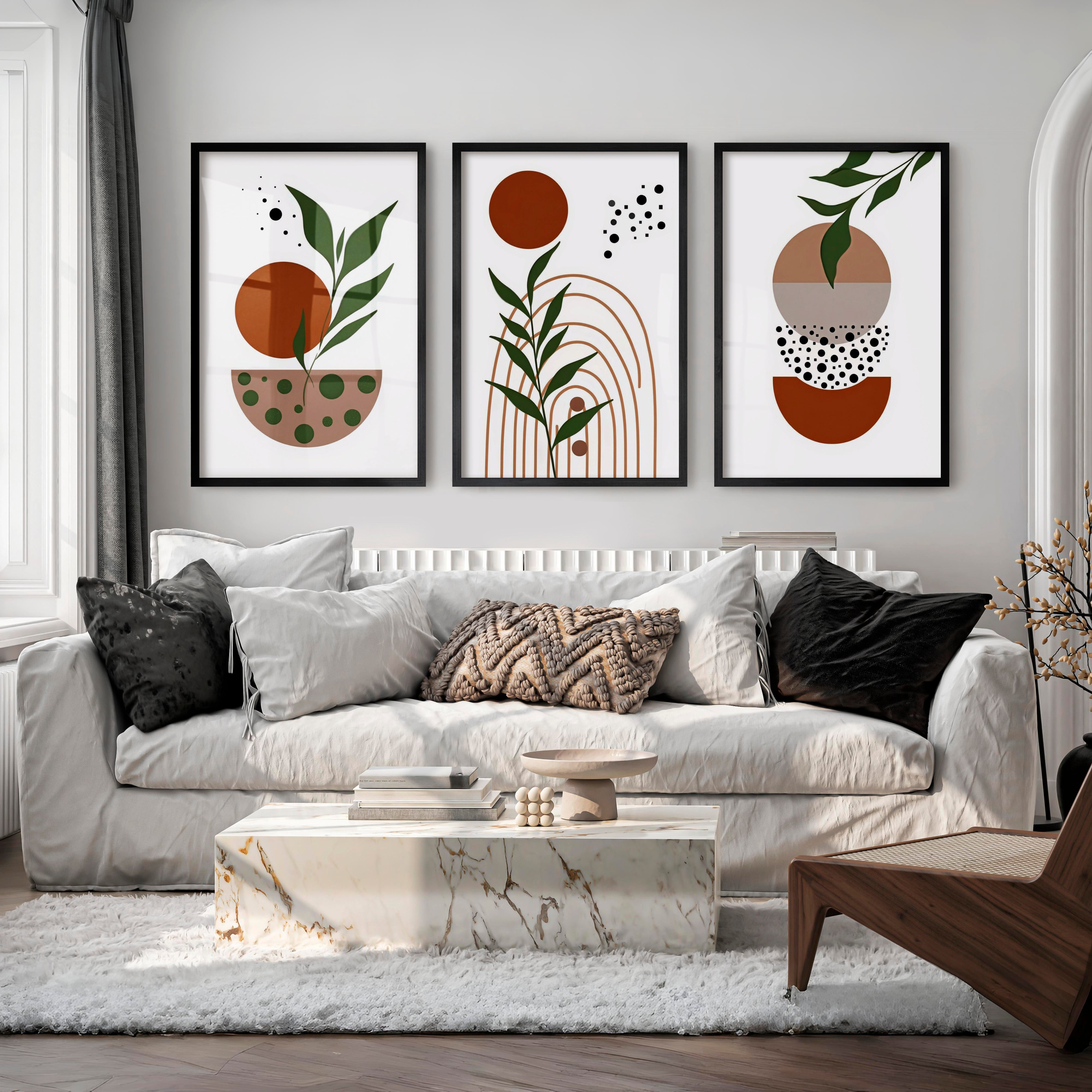 3 Piece Abstract Wall Art Boho Geo Botanical Set - Black Framed Poster No Border - Artworksets