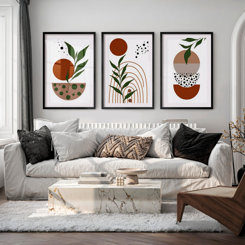 3 Piece Abstract Wall Art Boho Geo Botanical Set - Black Framed Poster with White Border - Artworksets
