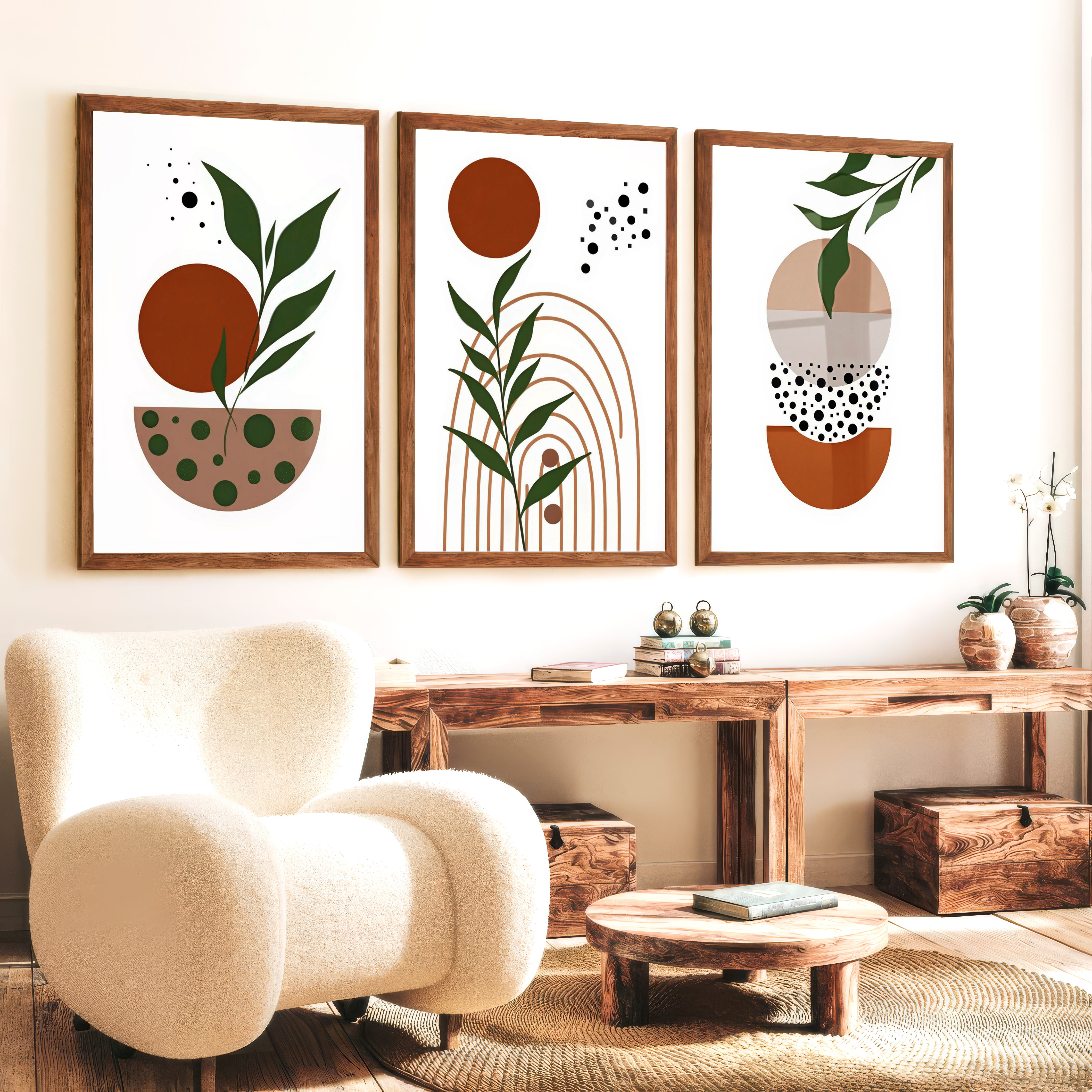 3 Piece Abstract Wall Art Boho Geo Botanical Set - Dark Brown Framed Poster No Border - Artworksets