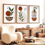 3 Piece Abstract Wall Art Boho Geo Botanical Set - Dark Brown Framed Poster with White Border - Artworksets