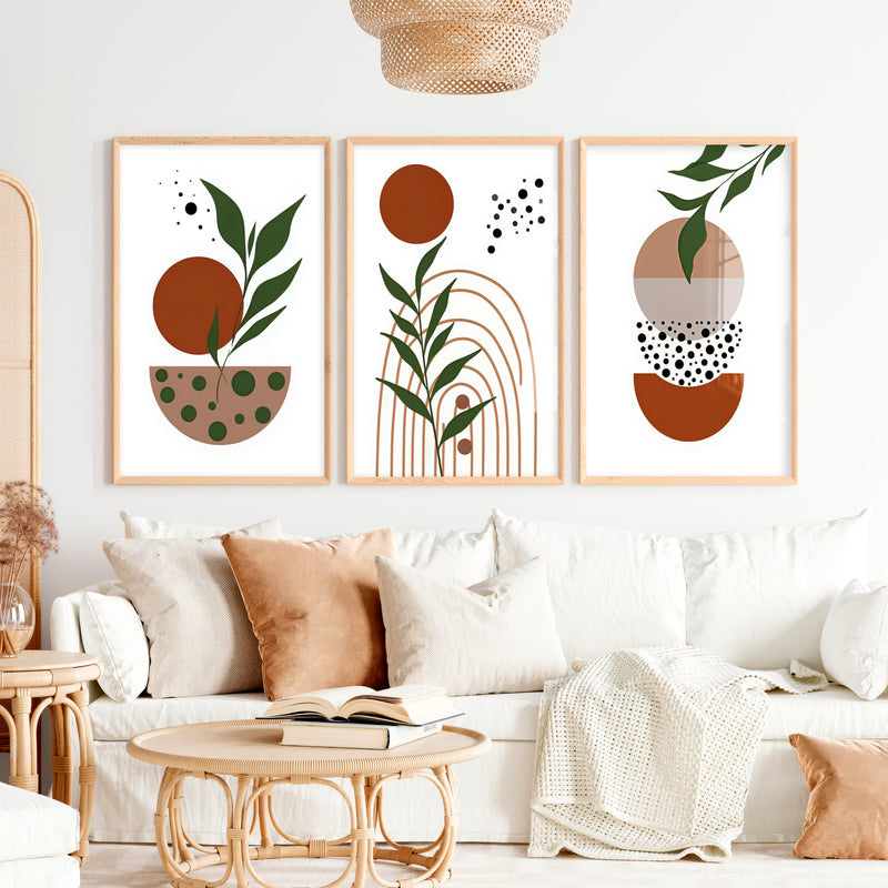 3 Piece Abstract Wall Art Boho Geo Botanical Set - Natural Wood Framed Poster No Border - Artworksets