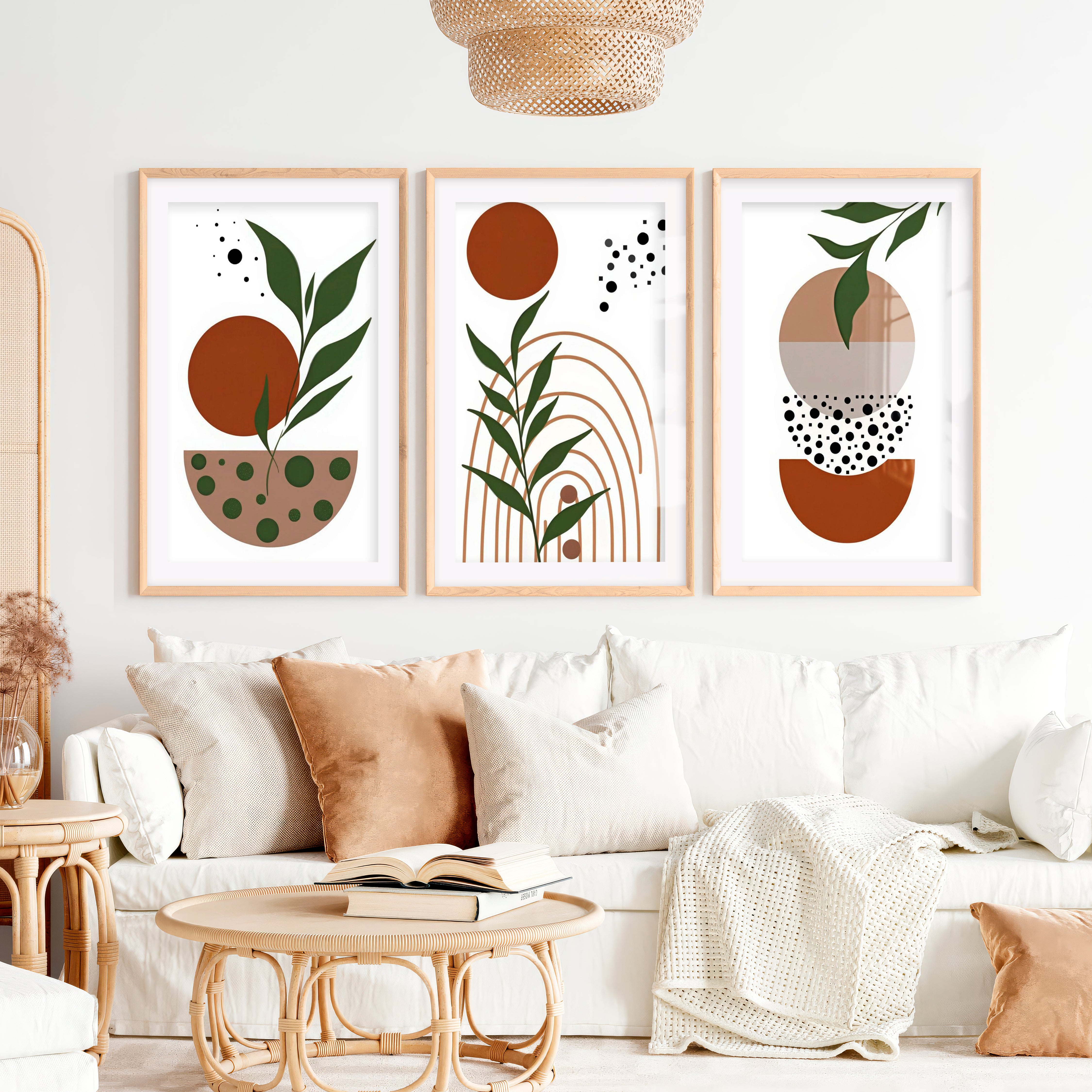 3 Piece Abstract Wall Art Boho Geo Botanical Set- Natural Wood Framed Poster with White Border - Artworksets