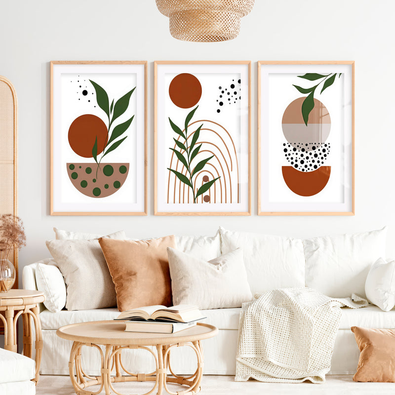 3 Piece Abstract Wall Art Boho Geo Botanical Set- Natural Wood Framed Poster with White Border - Artworksets