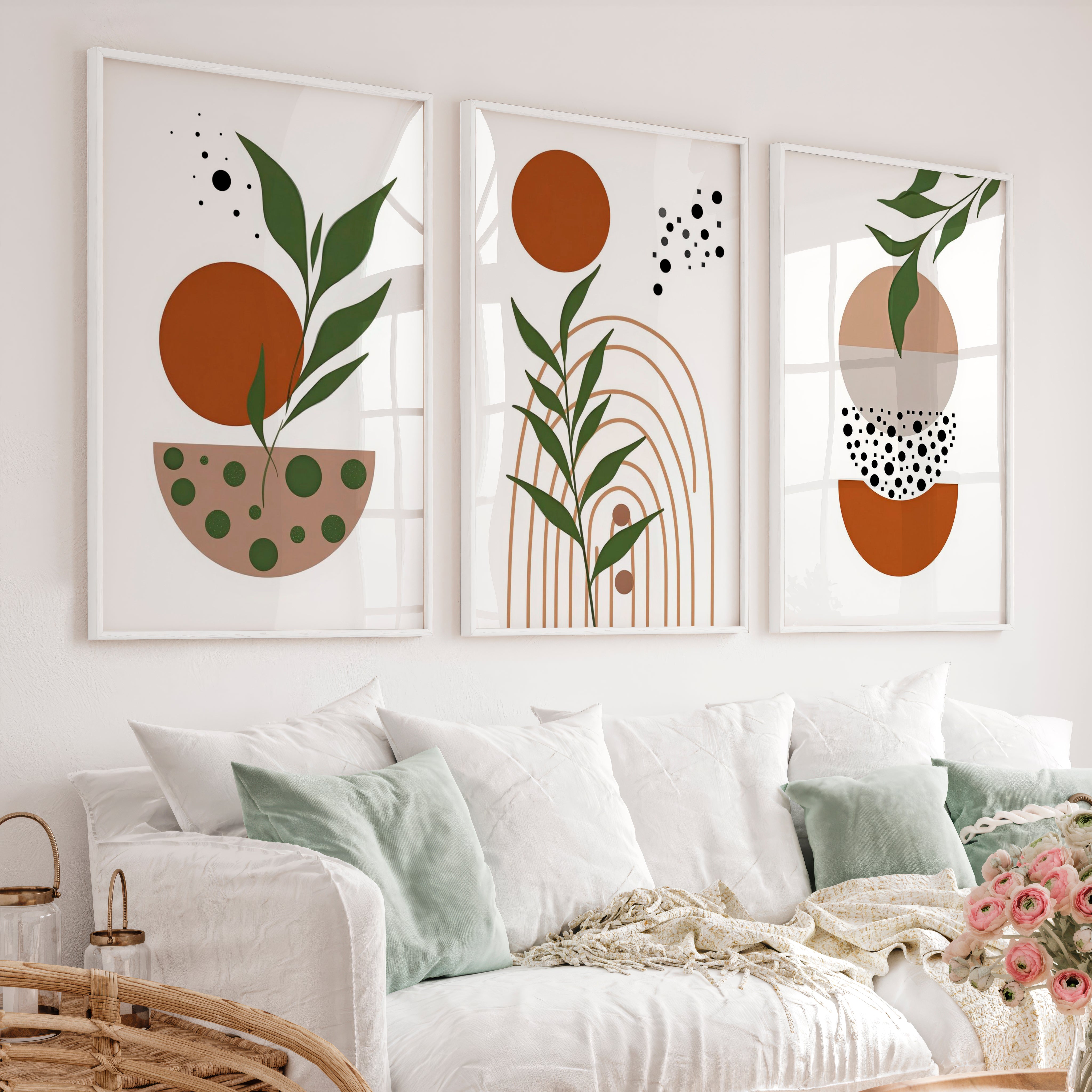 3 Piece Abstract Wall Art Boho Geo Botanical Set - White Framed Poster No Border - Artworksets