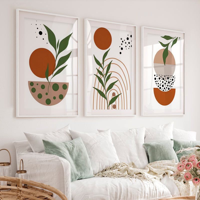 3 Piece Abstract Wall Art Boho Geo Botanical Set - White Framed Poster with White Border - Artworksets