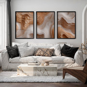 3 Piece Abstract Wall Art Featuring Layered Woodcut Topography - Black Framed Poster No Border - Artworksets