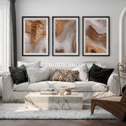 3 Piece Abstract Wall Art Featuring Layered Woodcut Topography - Black Framed Poster with White Border - Artworksets