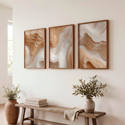 3 Piece Abstract Wall Art Featuring Layered Woodcut Topography - Dark Brown Framed Poster No Border - Artworksets