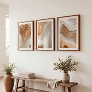 3 Piece Abstract Wall Art Featuring Layered Woodcut Topography - Dark Brown Framed Poster with White Border - Artworksets