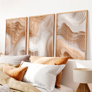 3 Piece Abstract Wall Art Featuring Layered Woodcut Topography - Natural Wood Framed Poster No Border - Artworksets