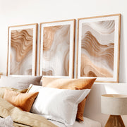 3 Piece Abstract Wall Art Featuring Layered Woodcut Topography- Natural Wood Framed Poster with White Border - Artworksets