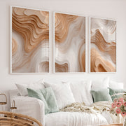 3 Piece Abstract Wall Art Featuring Layered Woodcut Topography - White Framed Poster No Border - Artworksets