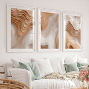 3 Piece Abstract Wall Art Featuring Layered Woodcut Topography - White Framed Poster with White Border - Artworksets