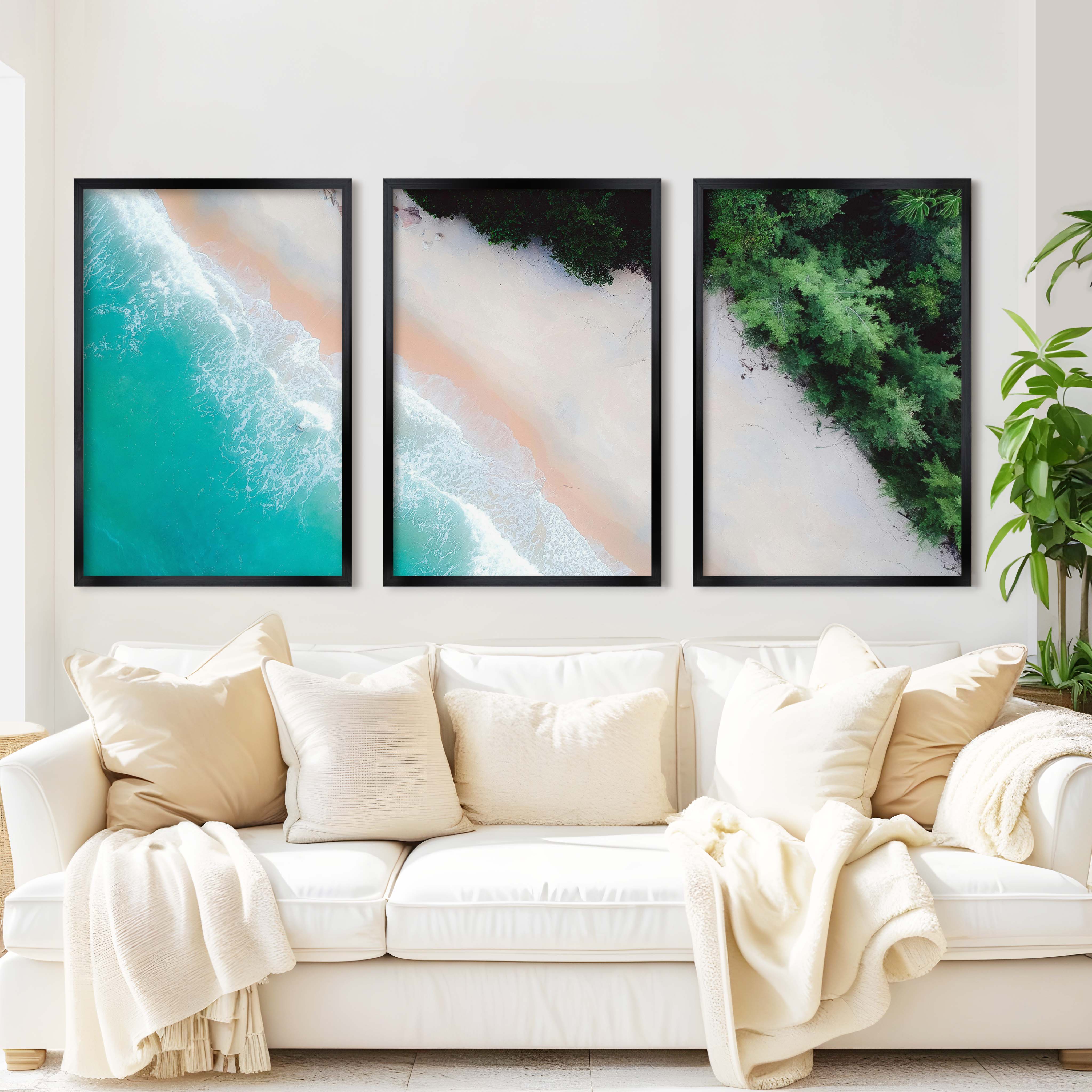 3 Piece Art Wall – Blue Beach and Green Forest Aerial Print - Black Framed Poster No Border - Artworksets