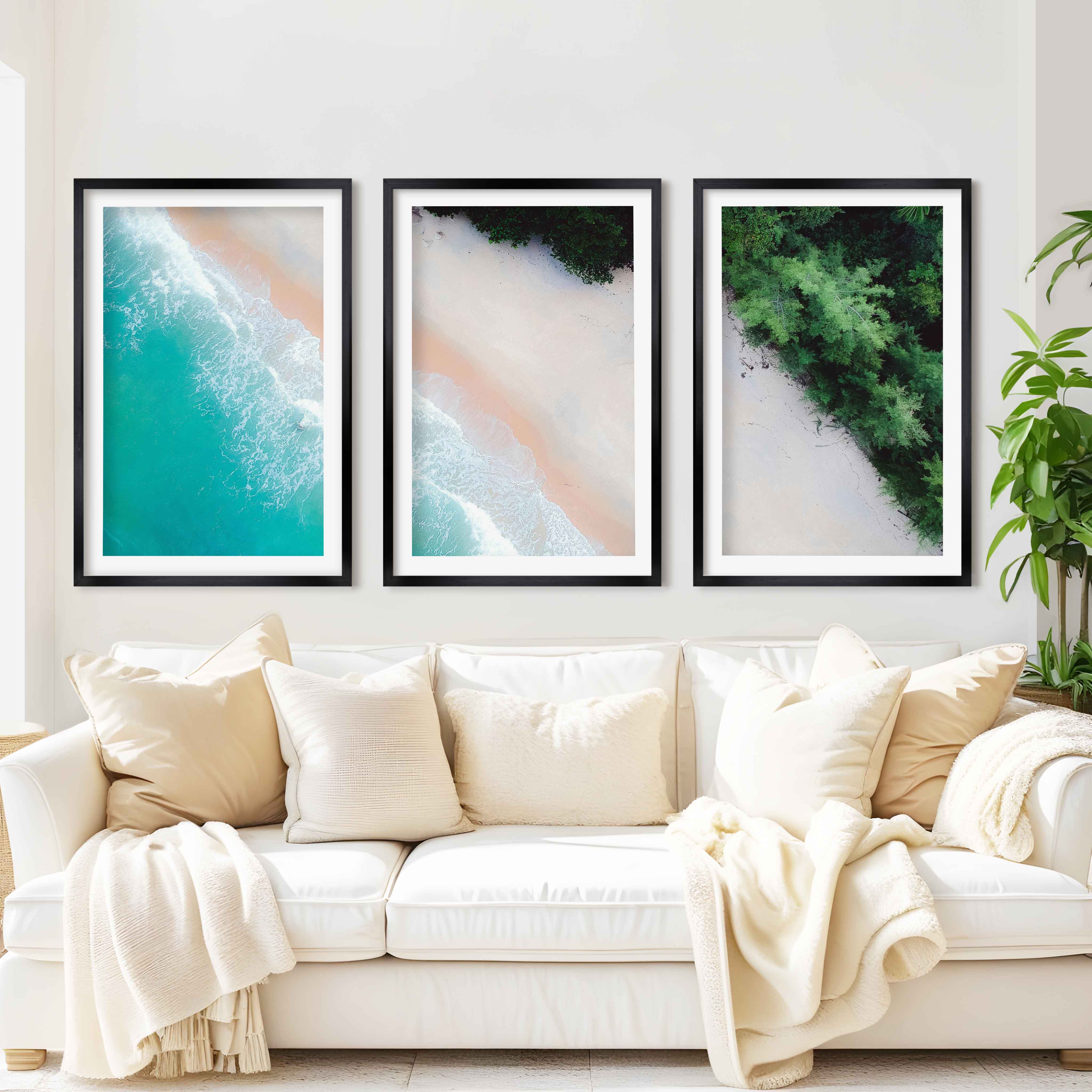 3 Piece Art Wall – Blue Beach and Green Forest Aerial Print - Black Framed Poster with White Border - Artworksets