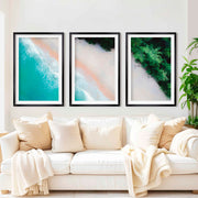 3 Piece Art Wall – Blue Beach and Green Forest Aerial Print - Black Framed Poster with White Border - Artworksets