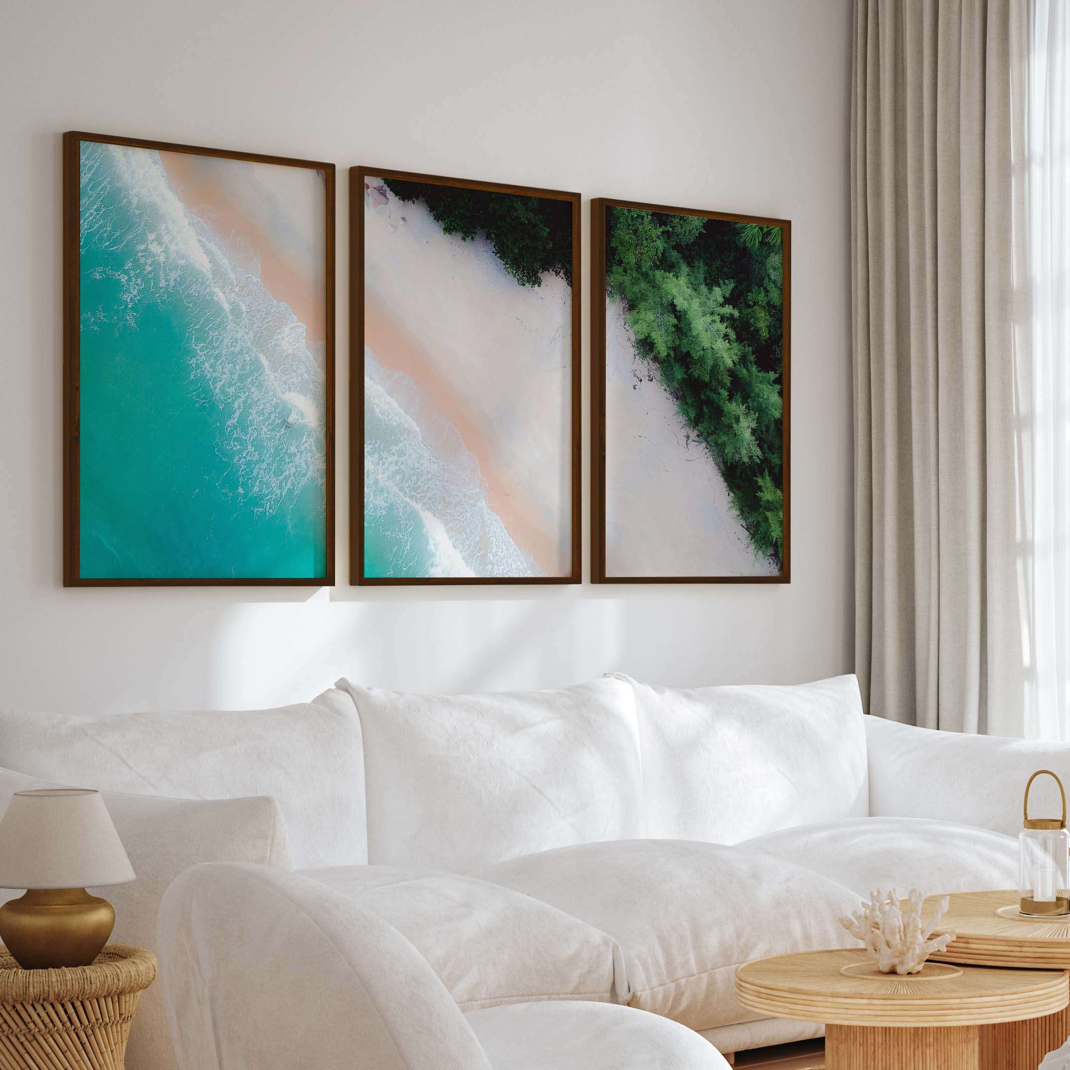 3 Piece Art Wall – Blue Beach and Green Forest Aerial Print - Dark Brown Framed Poster No Border - Artworksets