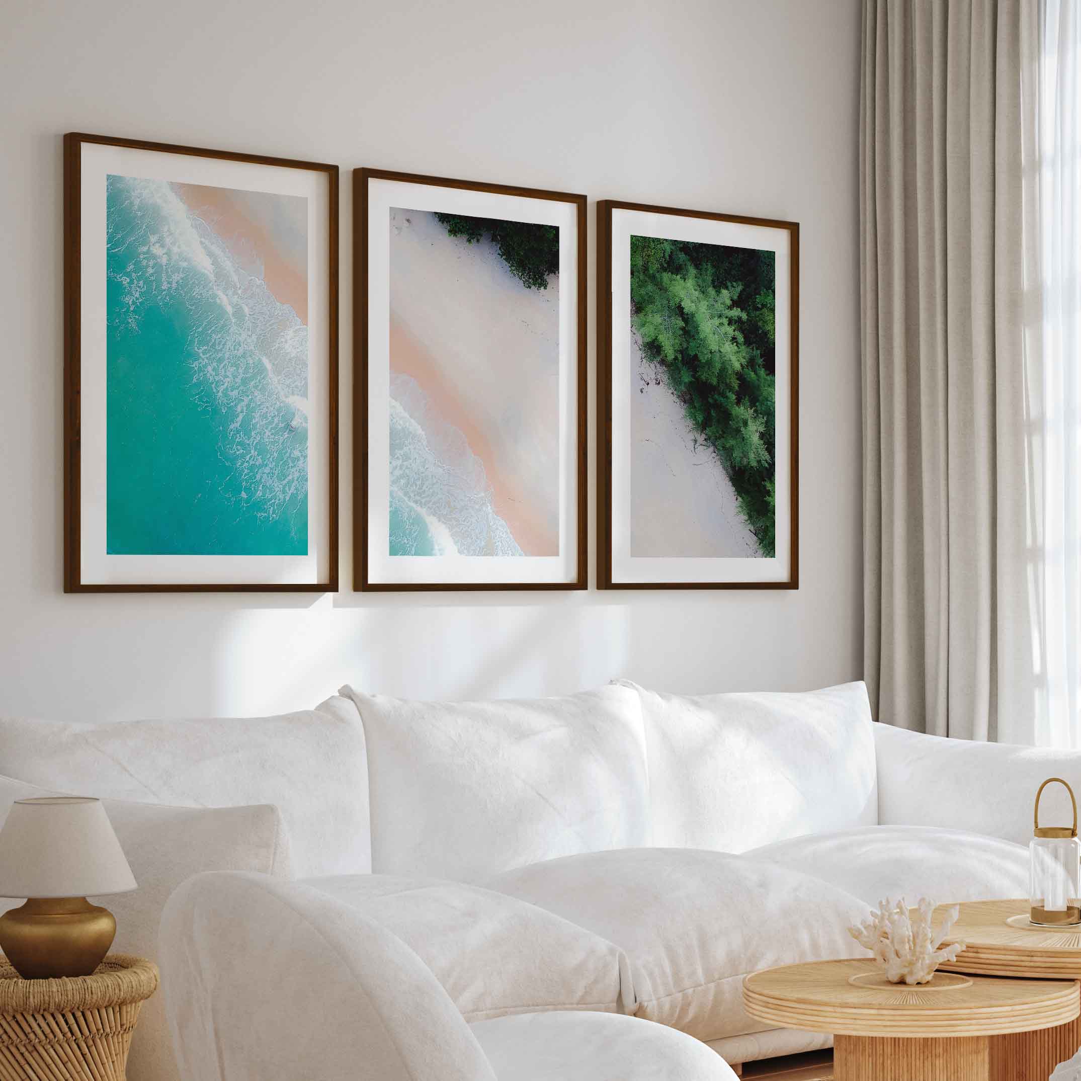 3 Piece Art Wall – Blue Beach and Green Forest Aerial Print - Dark Brown Framed Poster with White Border - Artworksets