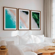 3 Piece Art Wall – Blue Beach and Green Forest Aerial Print - Dark Brown Framed Poster with White Border - Artworksets