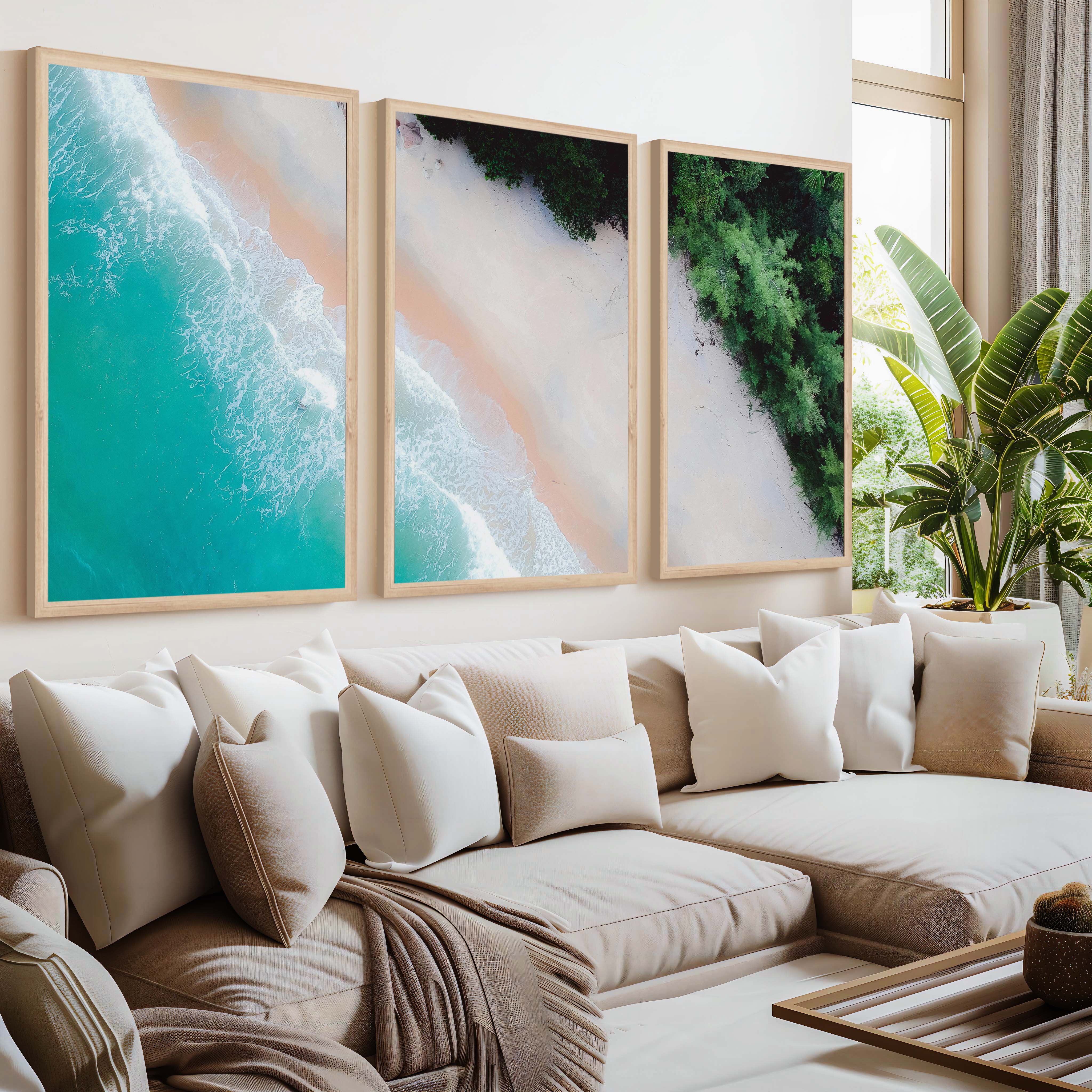 3 Piece Art Wall – Blue Beach and Green Forest Aerial Print - Natural Wood Framed Poster No Border - Artworksets