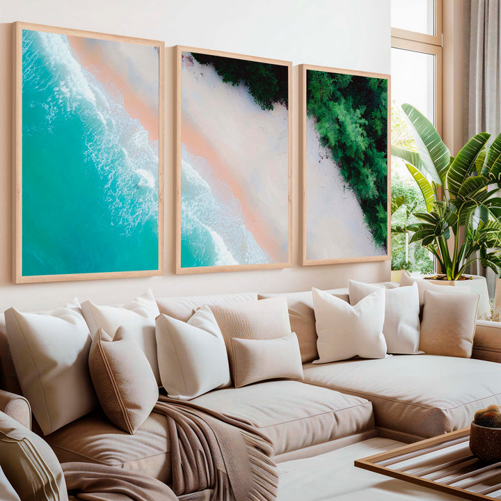 3 Piece Art Wall – Blue Beach and Green Forest Aerial Print - Natural Wood Framed Poster No Border - Artworksets