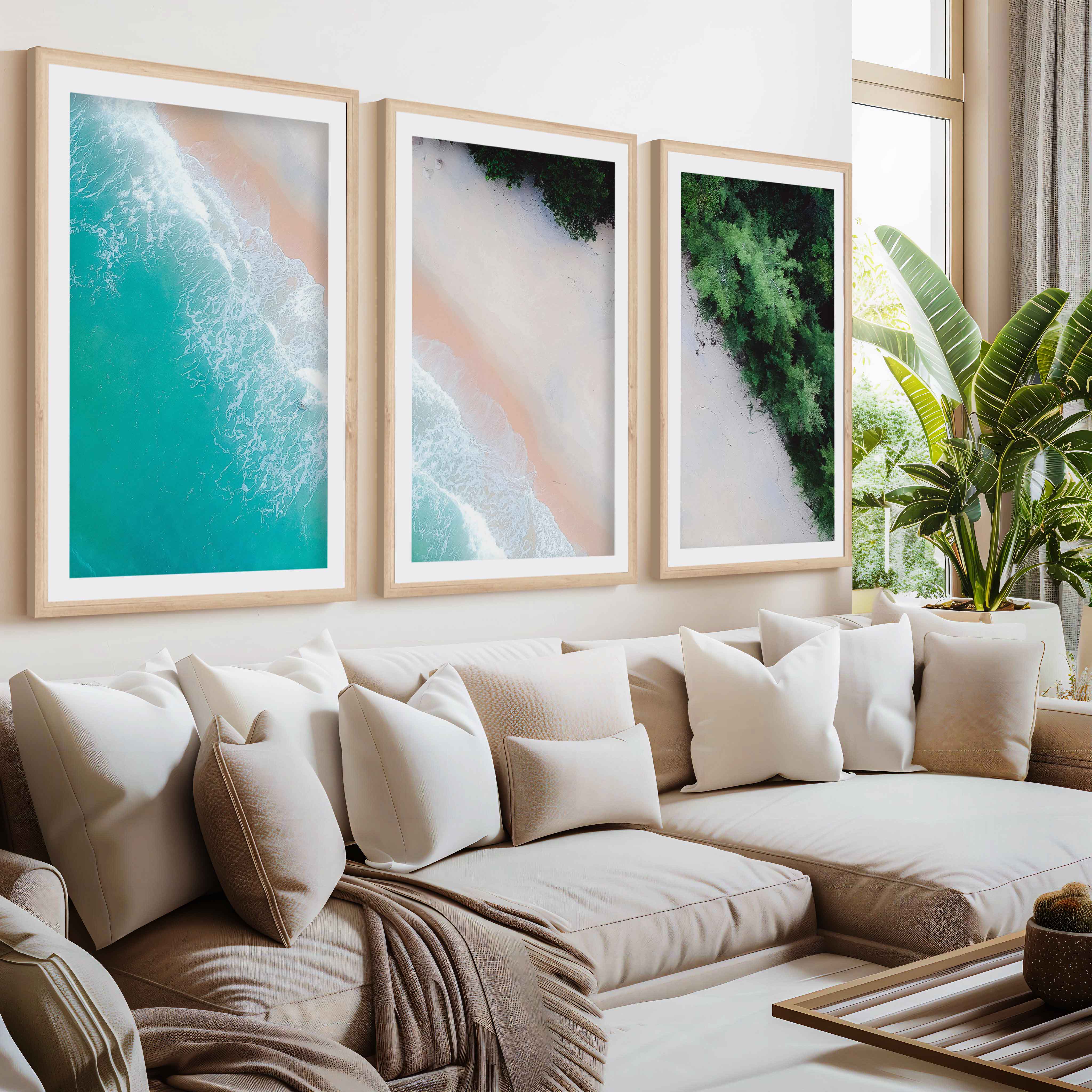 3 Piece Art Wall – Blue Beach and Green Forest Aerial Print- Natural Wood Framed Poster with White Border - Artworksets