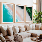 3 Piece Art Wall – Blue Beach and Green Forest Aerial Print- Natural Wood Framed Poster with White Border - Artworksets
