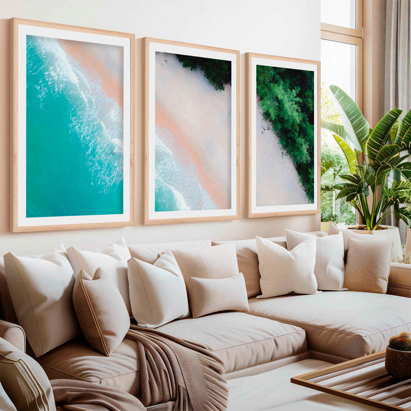 3 Piece Art Wall – Blue Beach and Green Forest Aerial Print- Natural Wood Framed Poster with White Border - Artworksets