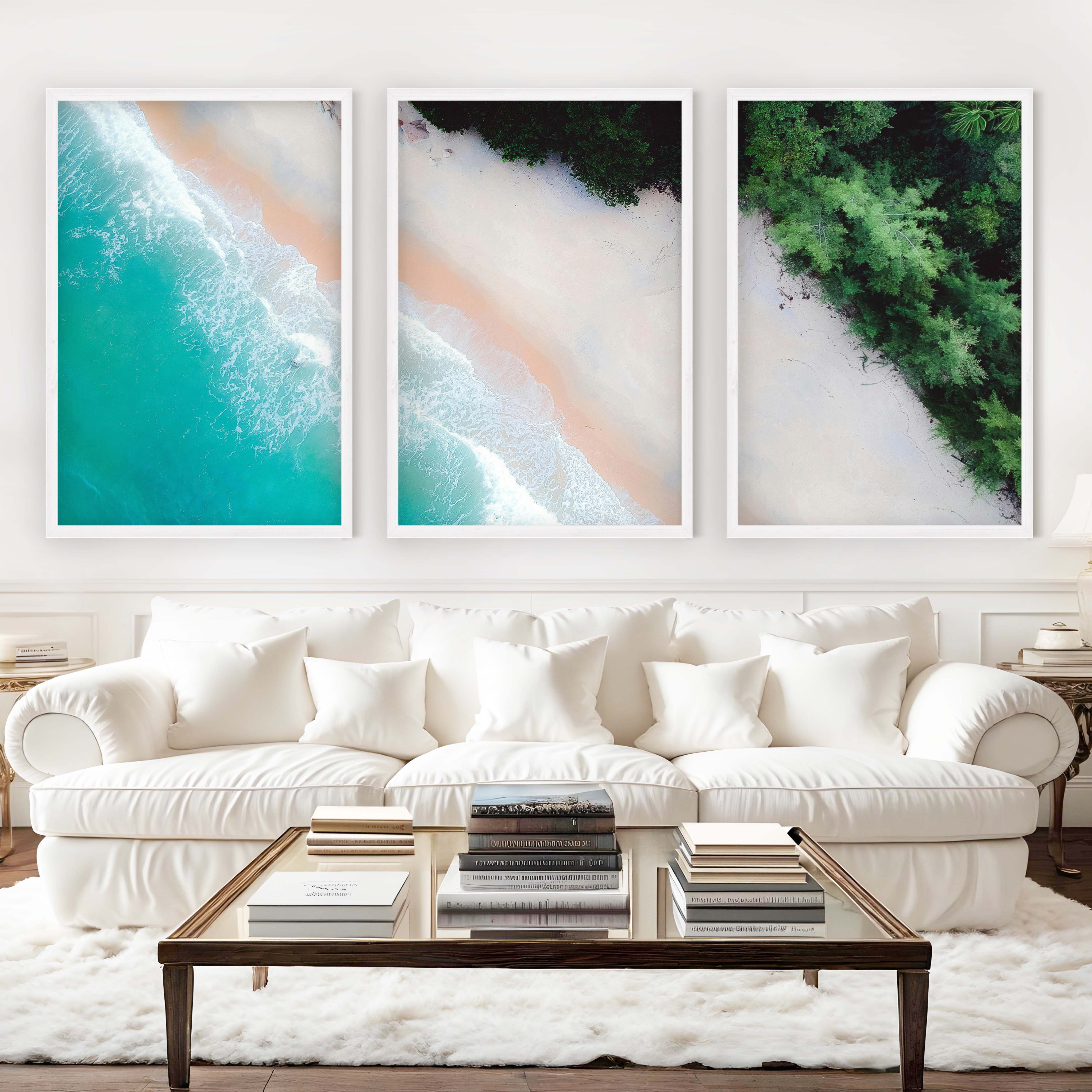 3 Piece Art Wall – Blue Beach and Green Forest Aerial Print - White Framed Poster No Border - Artworksets