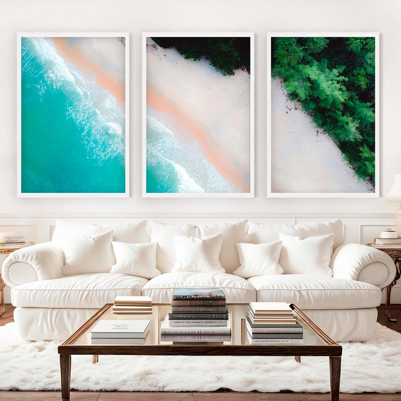 3 Piece Art Wall – Blue Beach and Green Forest Aerial Print - White Framed Poster No Border - Artworksets