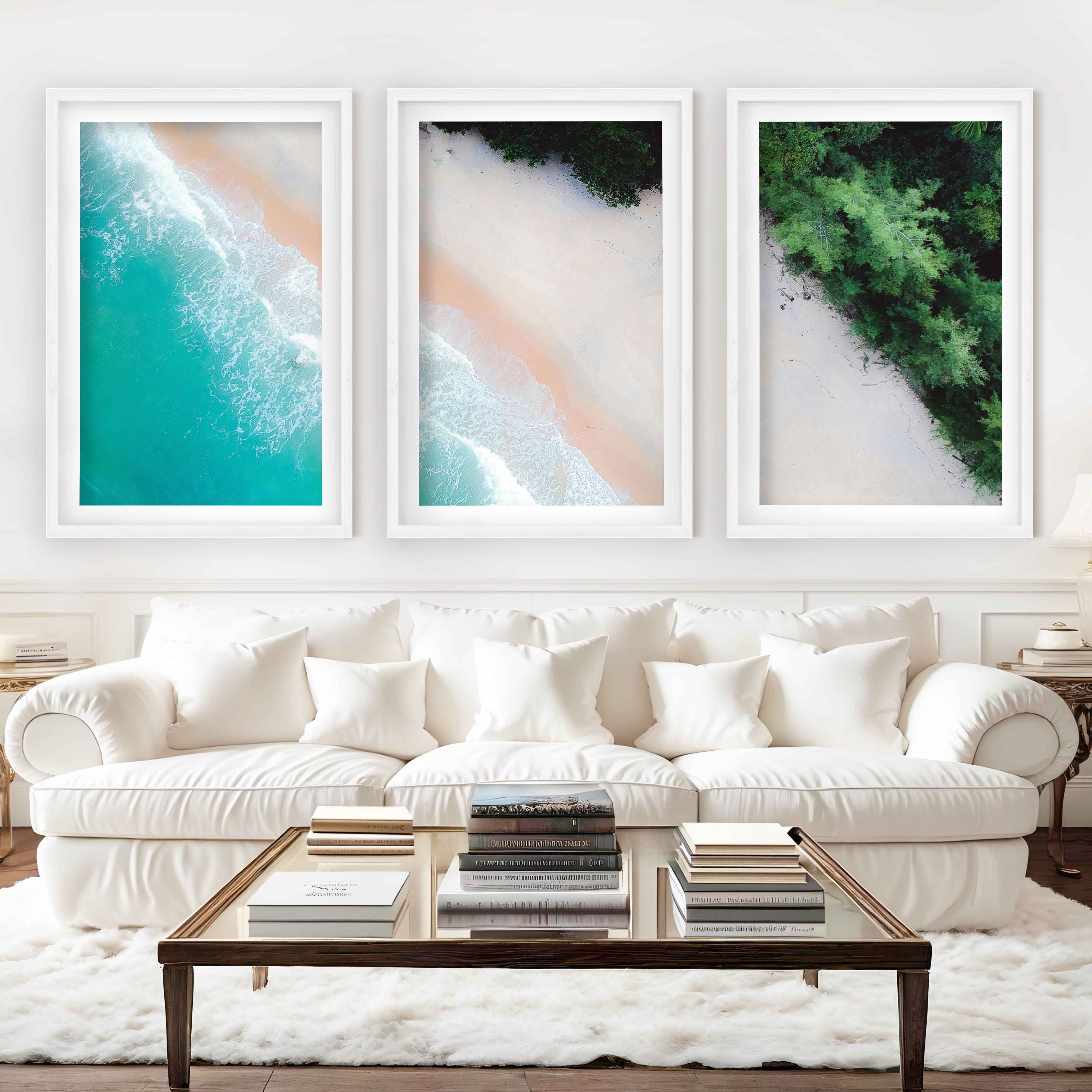 3 Piece Art Wall – Blue Beach and Green Forest Aerial Print - White Framed Poster with White Border - Artworksets