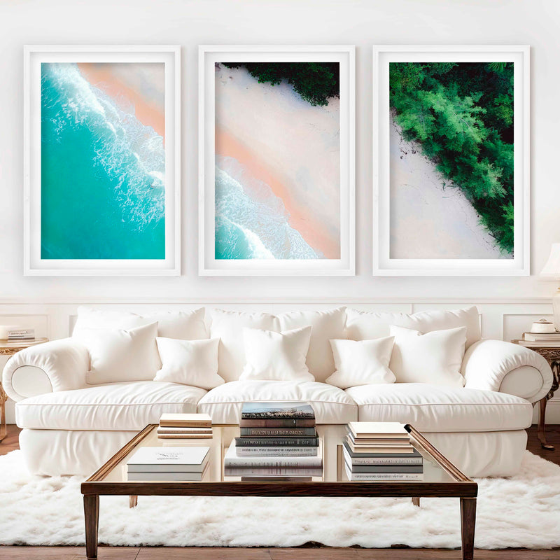 3 Piece Art Wall – Blue Beach and Green Forest Aerial Print - White Framed Poster with White Border - Artworksets