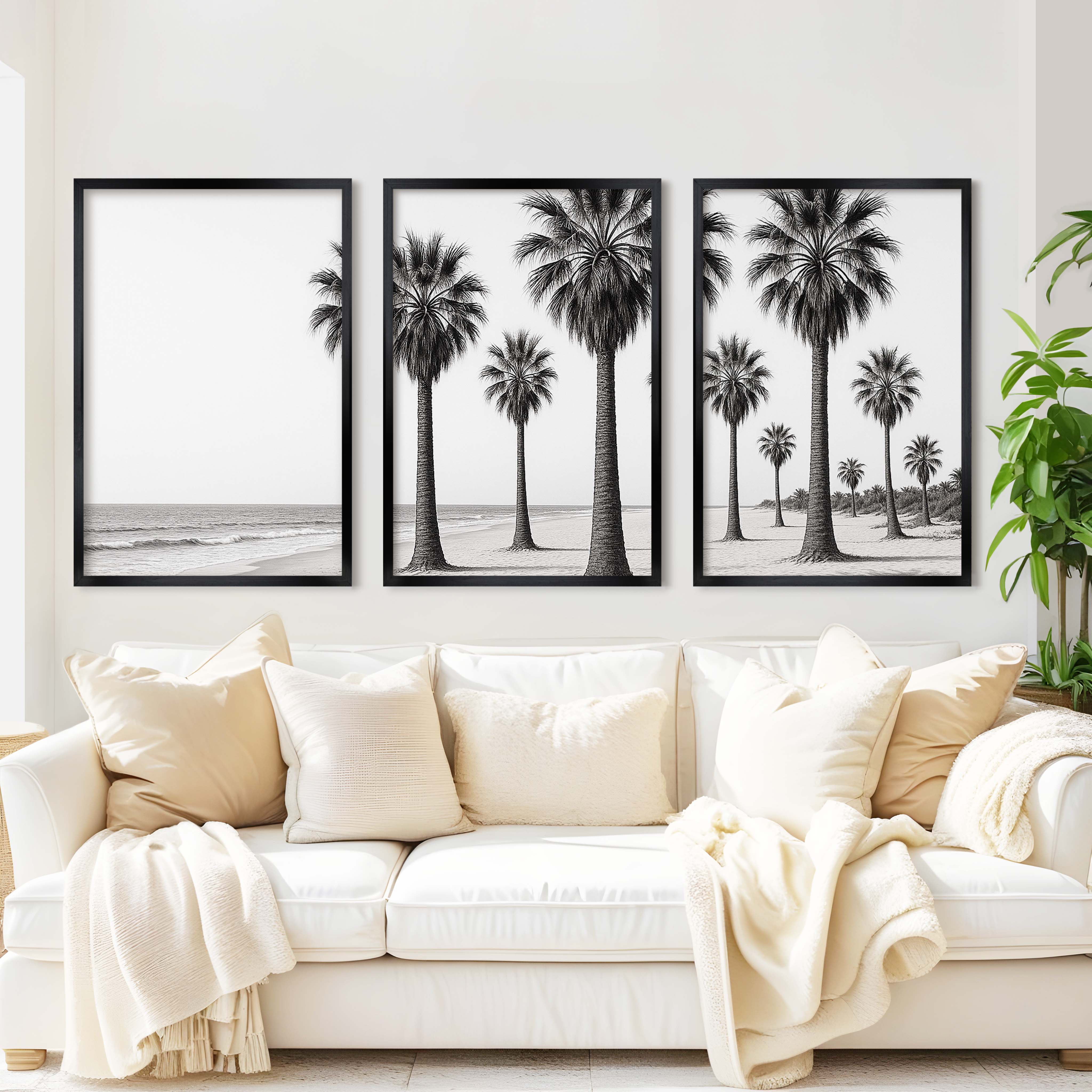 3 Piece Beach Wall Art – Palm Trees and Ocean in Black & White - Black Framed Poster No Border - Artworksets