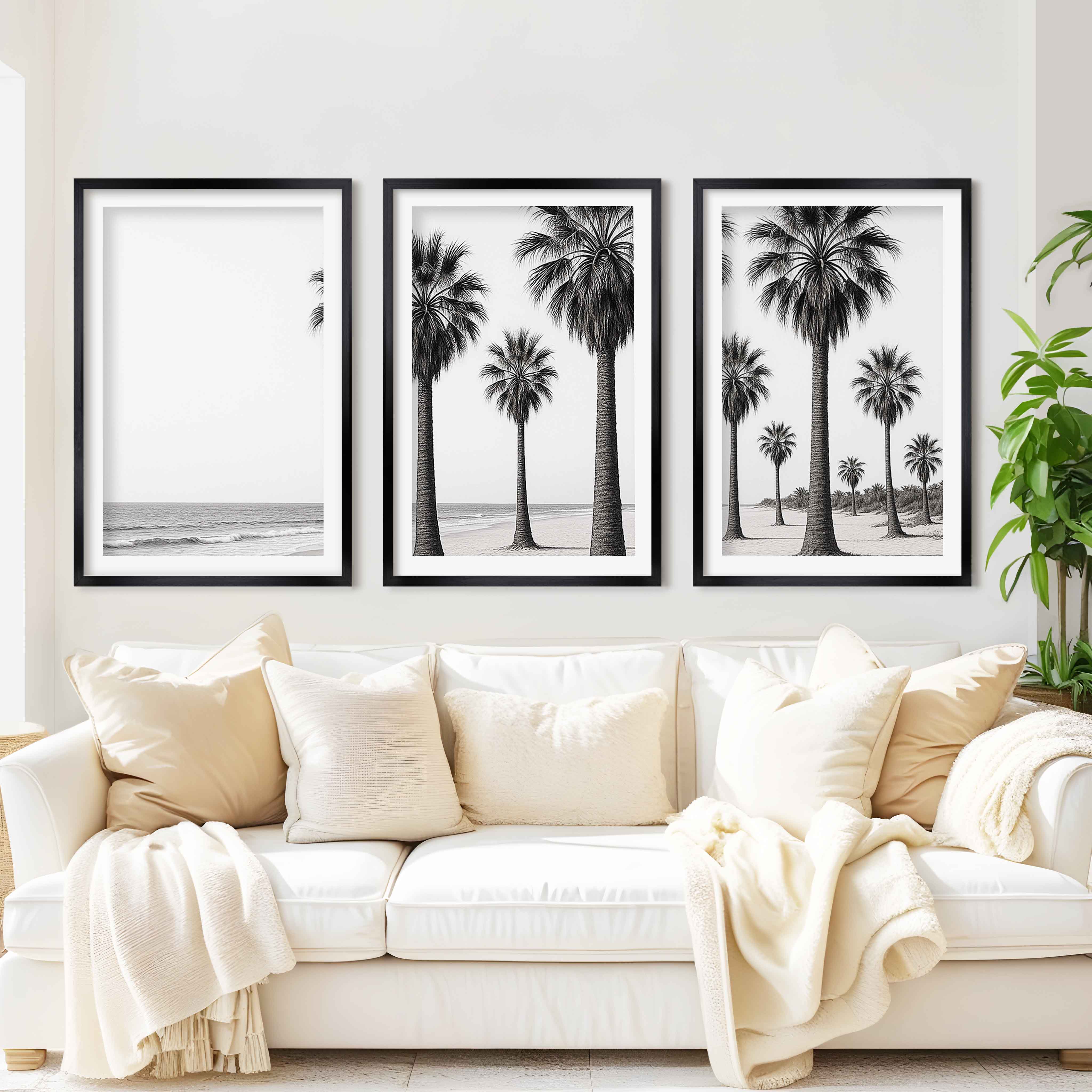 3 Piece Beach Wall Art – Palm Trees and Ocean in Black & White - Black Framed Poster with White Border - Artworksets