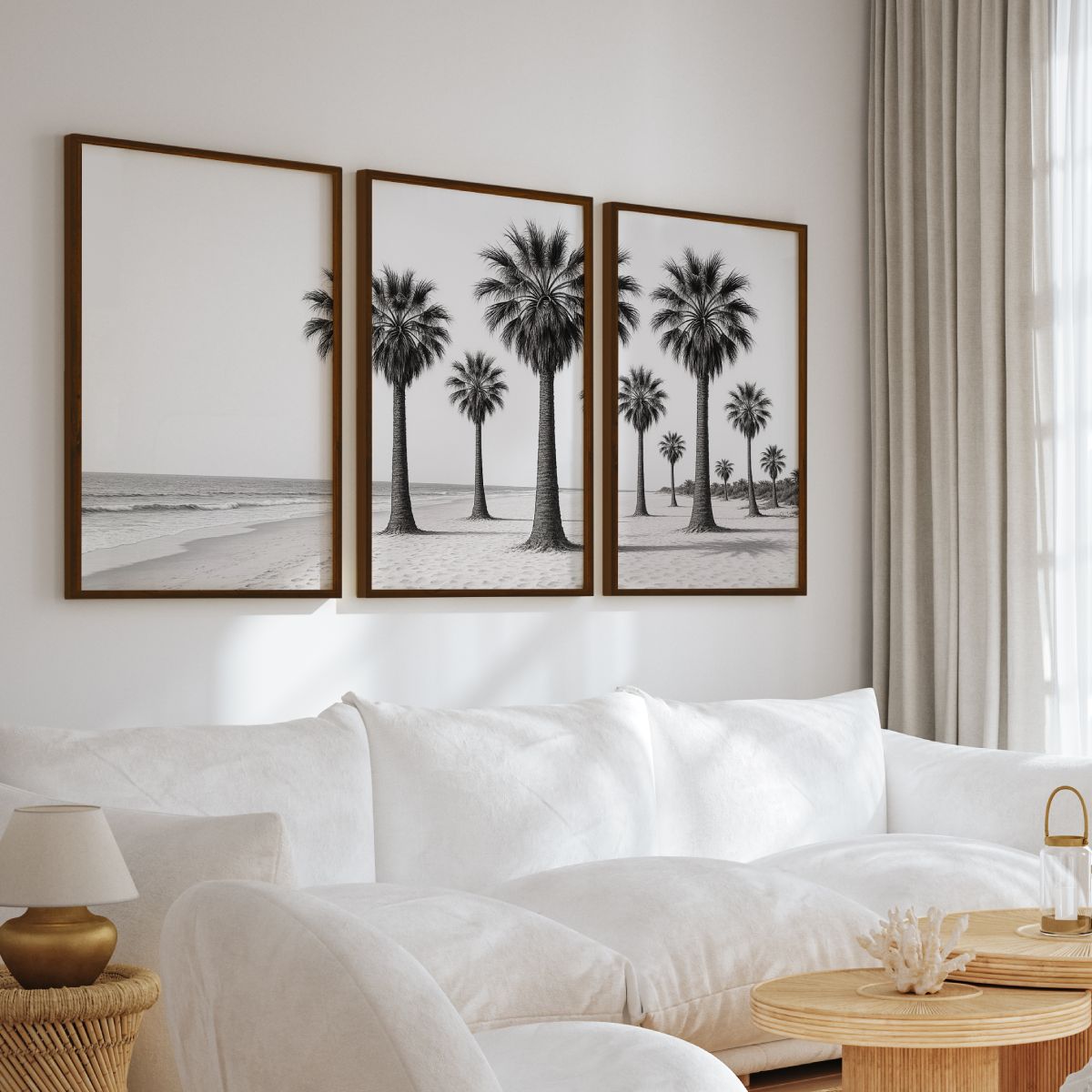 3 Piece Beach Wall Art – Palm Trees and Ocean in Black & White - Dark Brown Framed Poster No Border - Artworksets