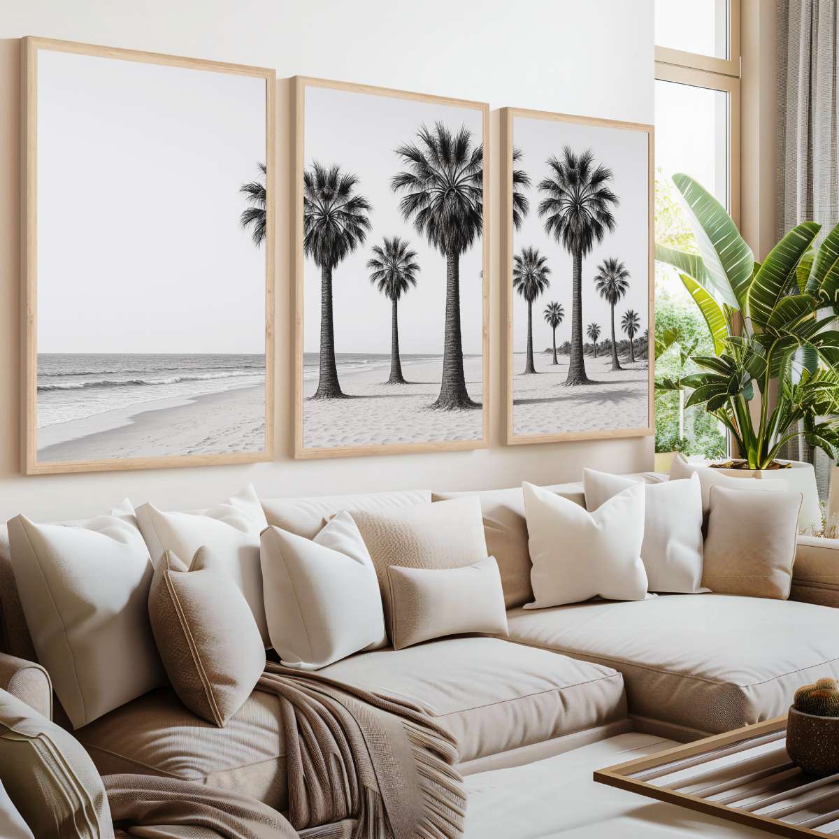3 Piece Beach Wall Art – Palm Trees and Ocean in Black & White - Natural Wood Framed Poster No Border - Artworksets