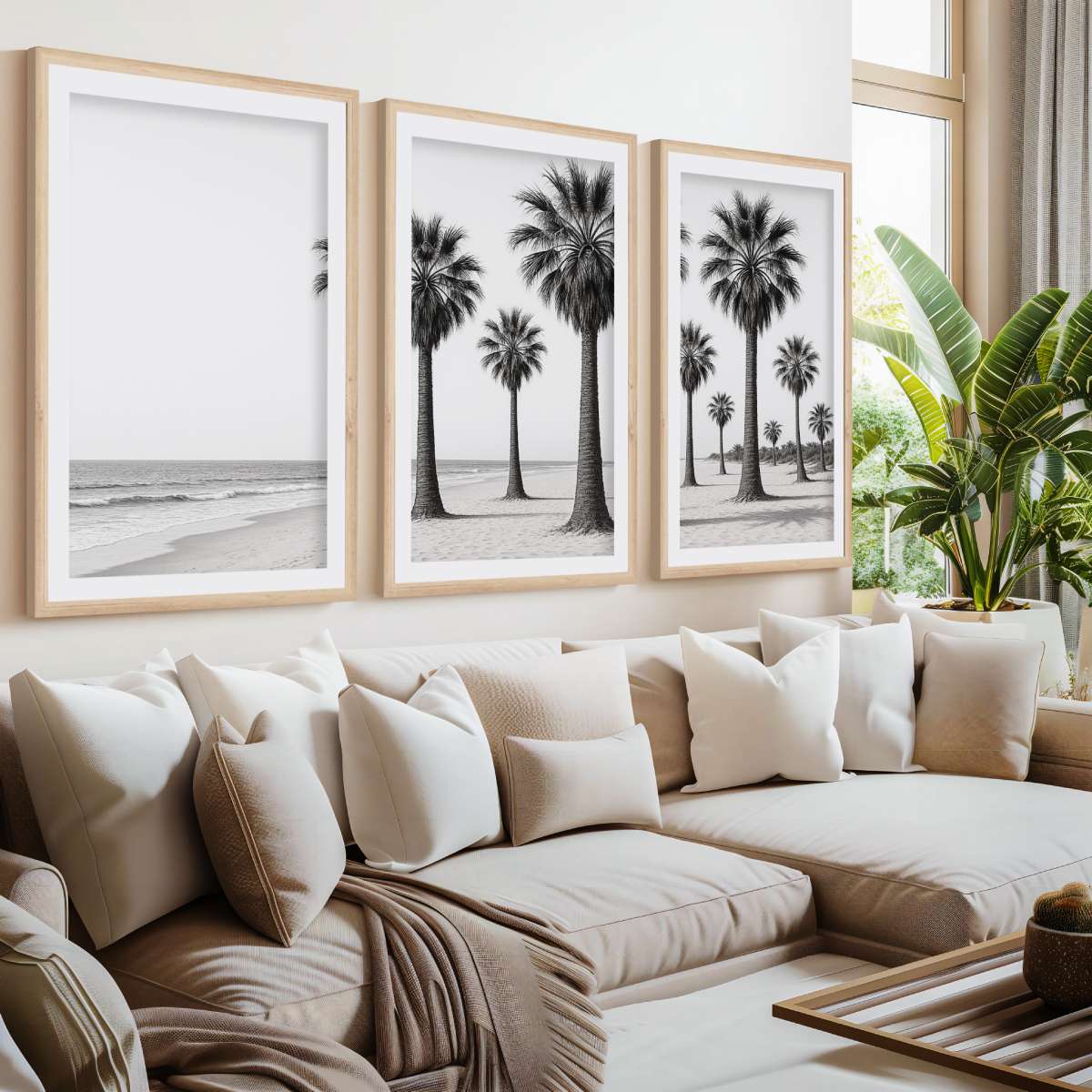 3 Piece Beach Wall Art – Palm Trees and Ocean in Black & White- Natural Wood Framed Poster with White Border - Artworksets