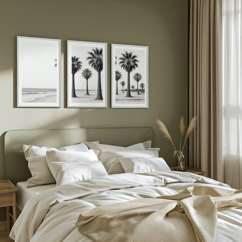 3 Piece Beach Wall Art – Palm Trees and Ocean in Black & White - White Framed Poster with White Border - Artworksets