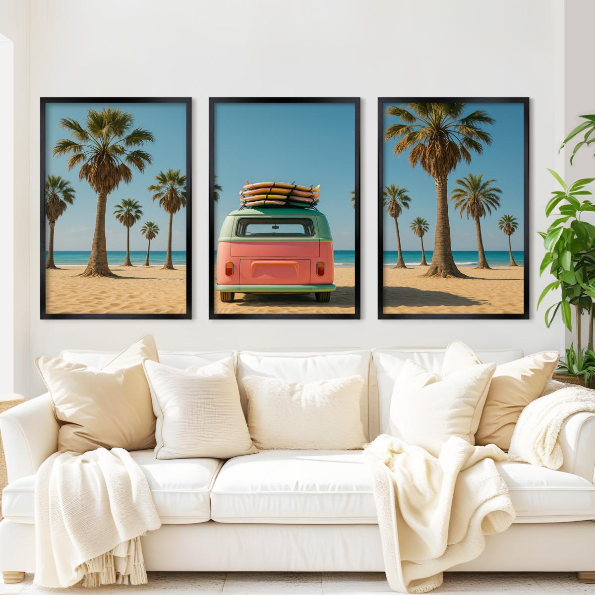 3 Piece Beach Wall Art – Palm Trees, Surf Van and Ocean View - Black Framed Poster No Border - Artworksets
