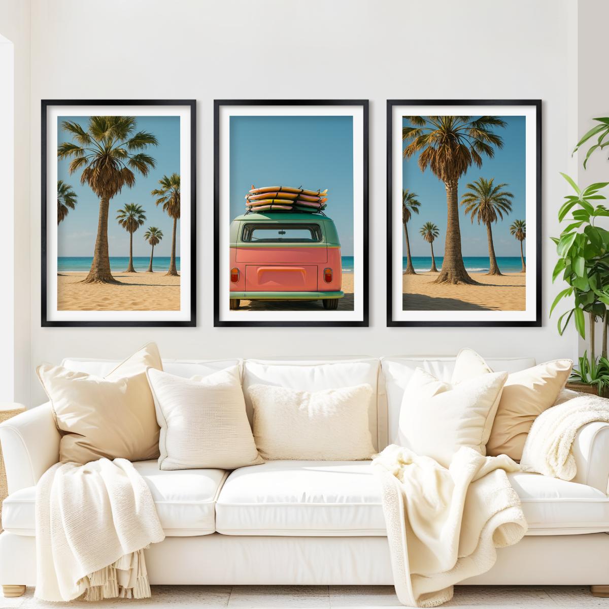 3 Piece Beach Wall Art – Palm Trees, Surf Van and Ocean View - Black Framed Poster with White Border - Artworksets