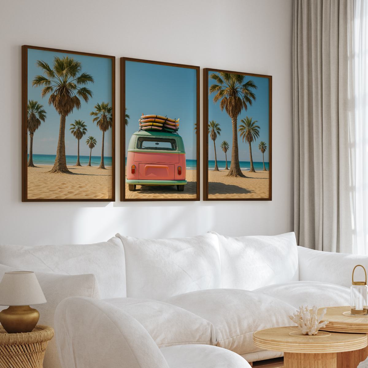 3 Piece Beach Wall Art – Palm Trees, Surf Van and Ocean View - Dark Brown Framed Poster No Border - Artworksets