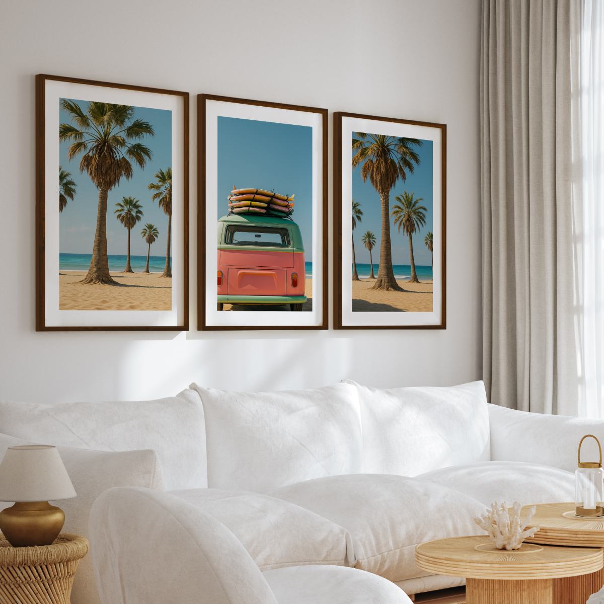 3 Piece Beach Wall Art – Palm Trees, Surf Van and Ocean View - Dark Brown Framed Poster with White Border - Artworksets