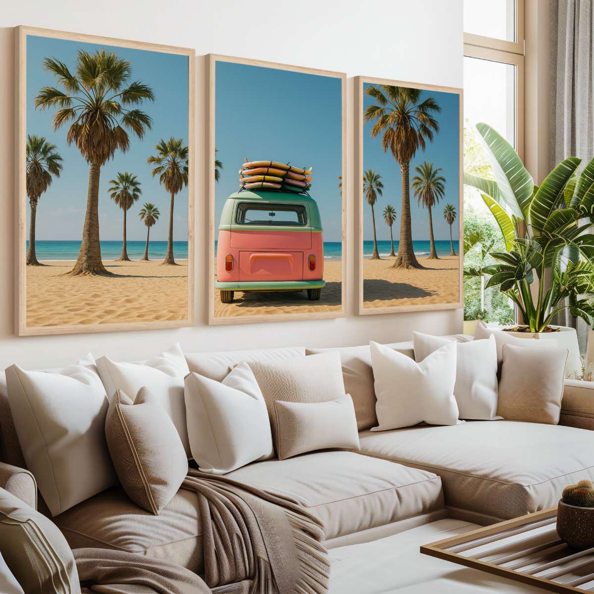 3 Piece Beach Wall Art – Palm Trees, Surf Van and Ocean View - Natural Wood Framed Poster No Border - Artworksets
