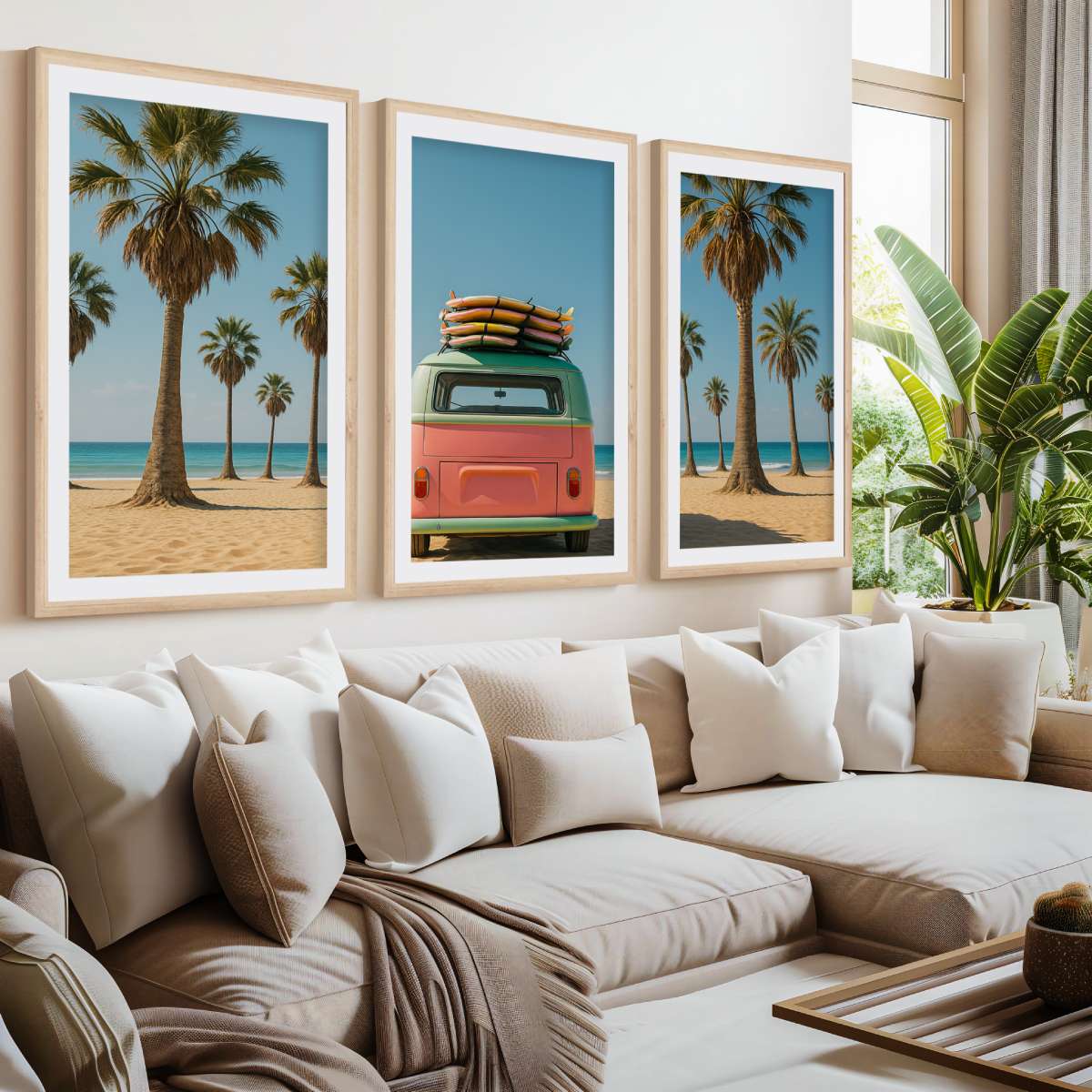 3 Piece Beach Wall Art – Palm Trees, Surf Van and Ocean View- Natural Wood Framed Poster with White Border - Artworksets