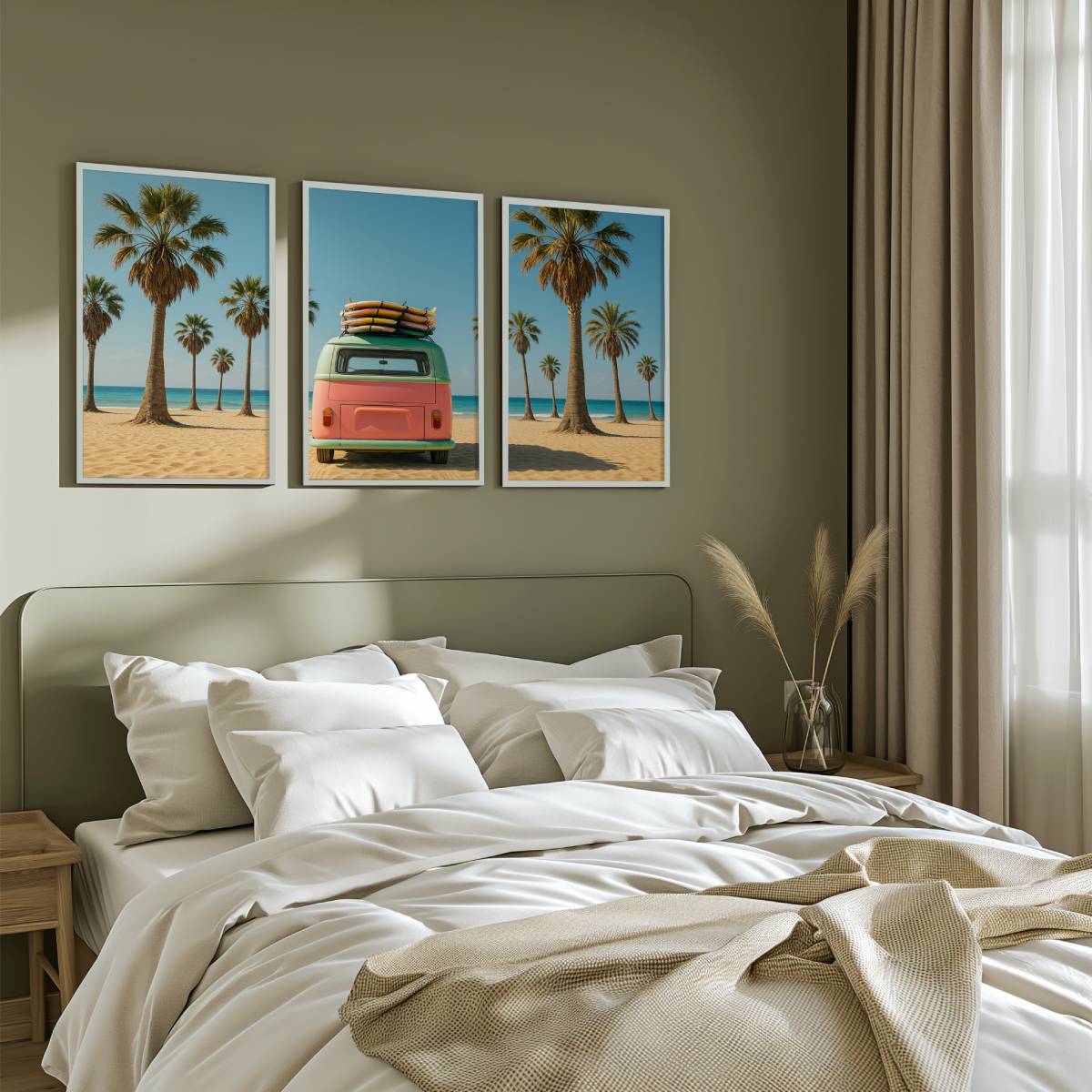 3 Piece Beach Wall Art – Palm Trees, Surf Van and Ocean View - White Framed Poster No Border - Artworksets