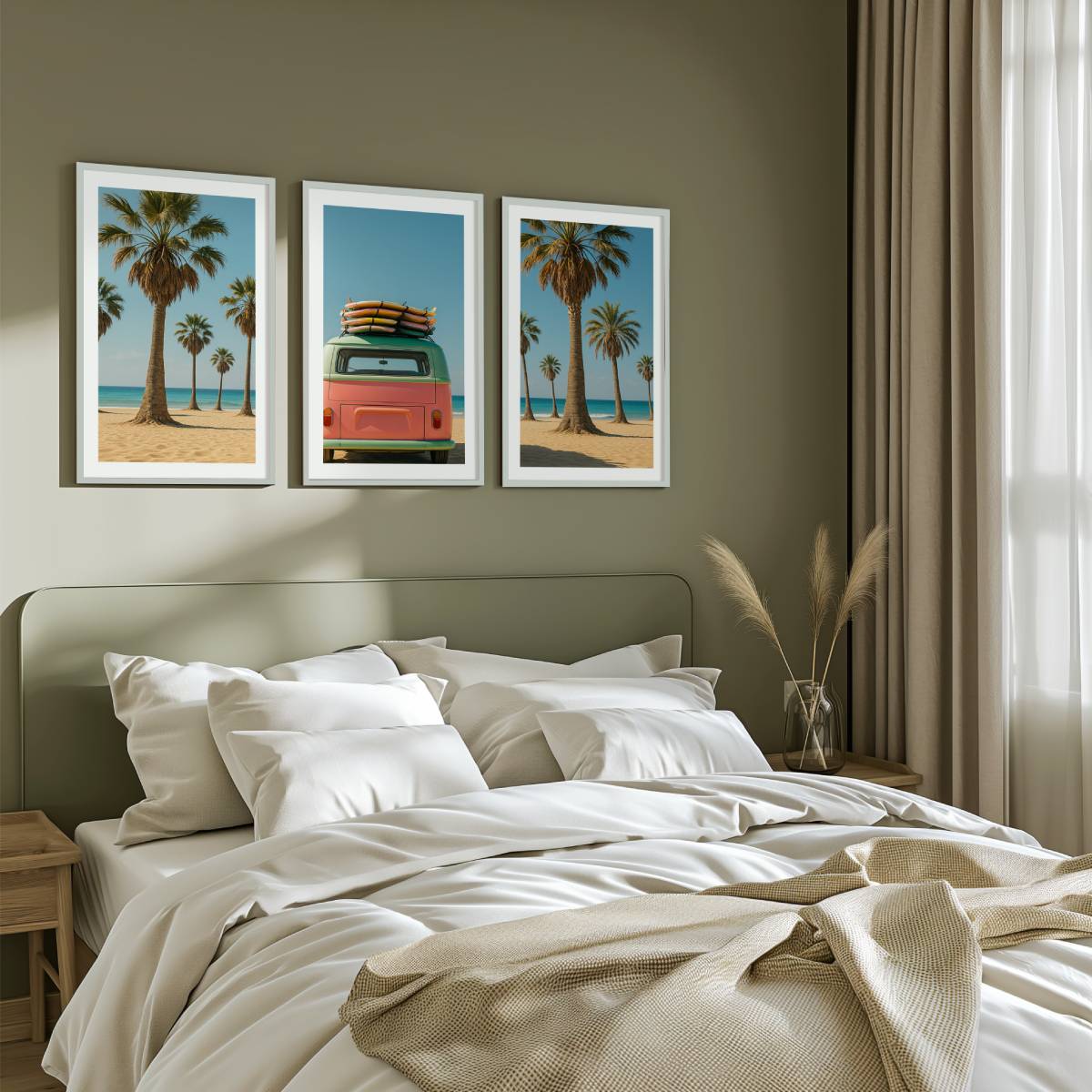 3 Piece Beach Wall Art – Palm Trees, Surf Van and Ocean View - White Framed Poster with White Border - Artworksets