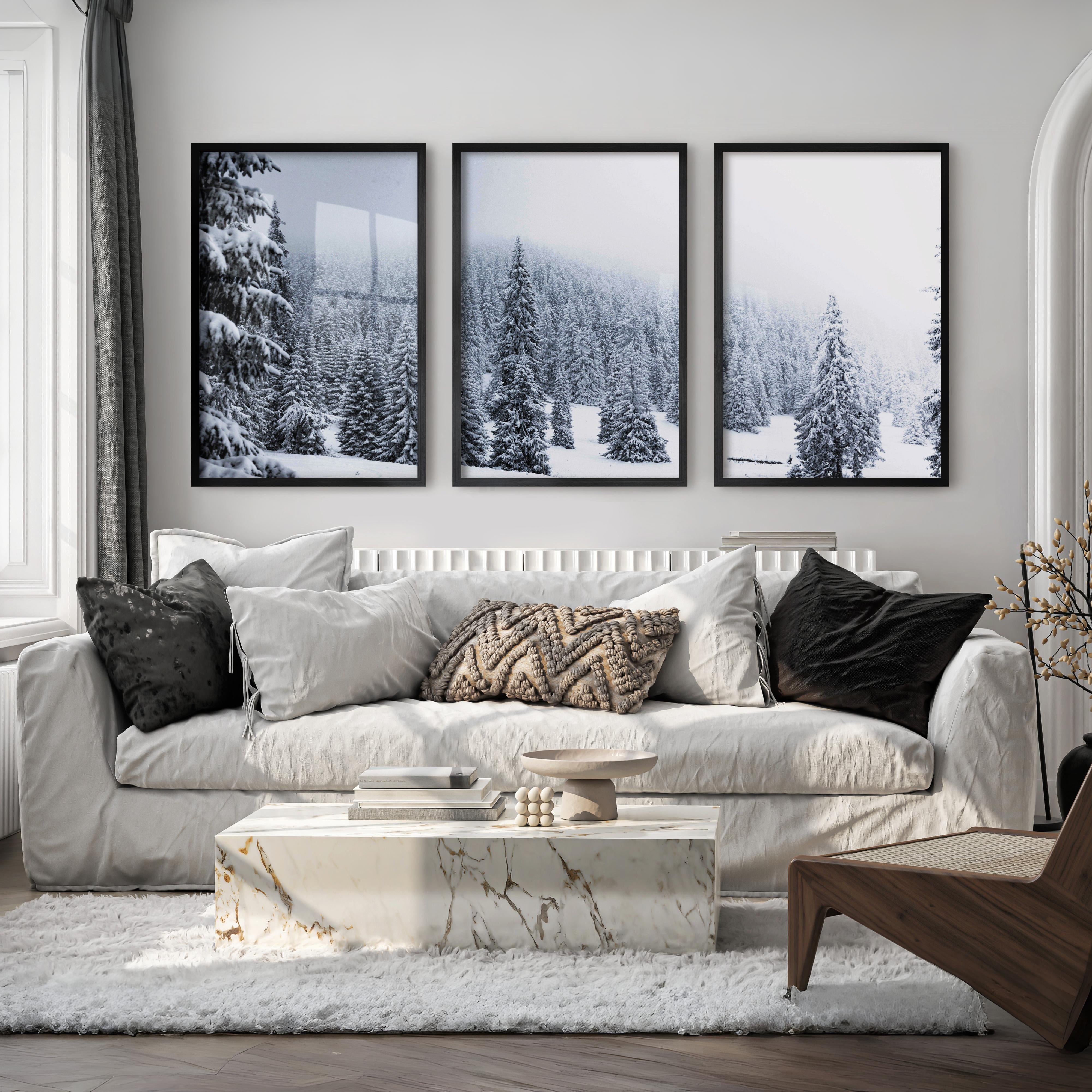 3 Piece Black White Nordic Winter Forest Wall Art Set - Black Framed Poster No Border - Artworksets