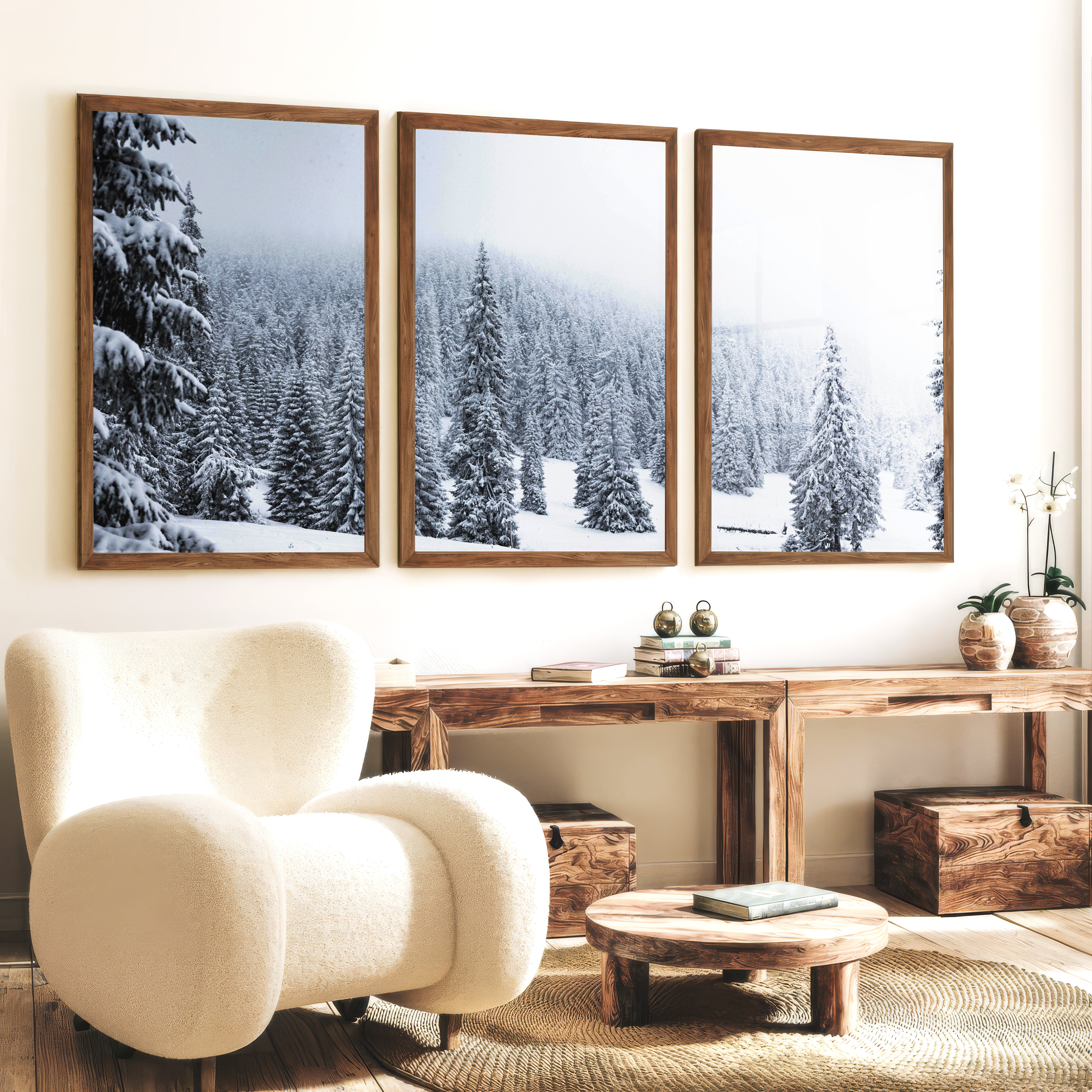 3 Piece Black White Nordic Winter Forest Wall Art Set - Dark Brown Framed Poster No Border - Artworksets