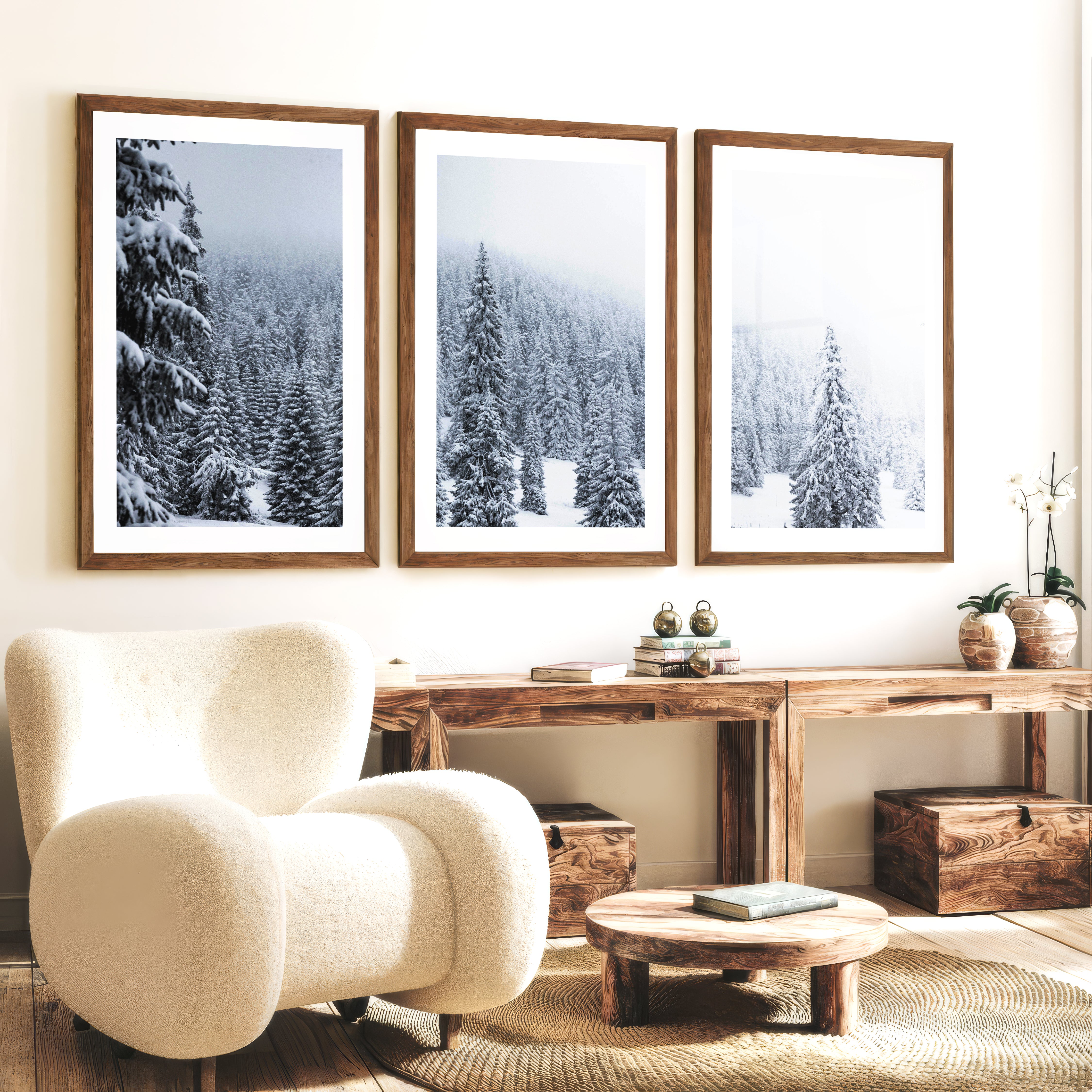 3 Piece Black White Nordic Winter Forest Wall Art Set - Dark Brown Framed Poster with White Border - Artworksets